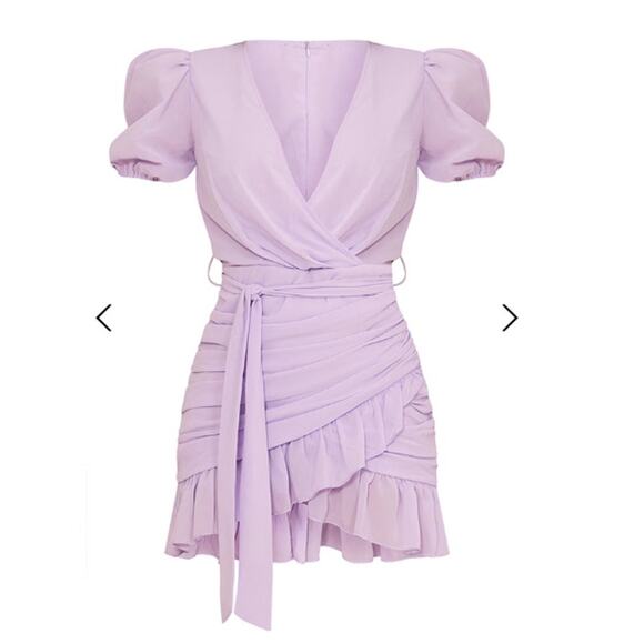 NWT PrettyLittleThing Lilac Puff Sleeve Wrap Mini Dress Size 4 Ruffle Hem - Picture 3 of 6